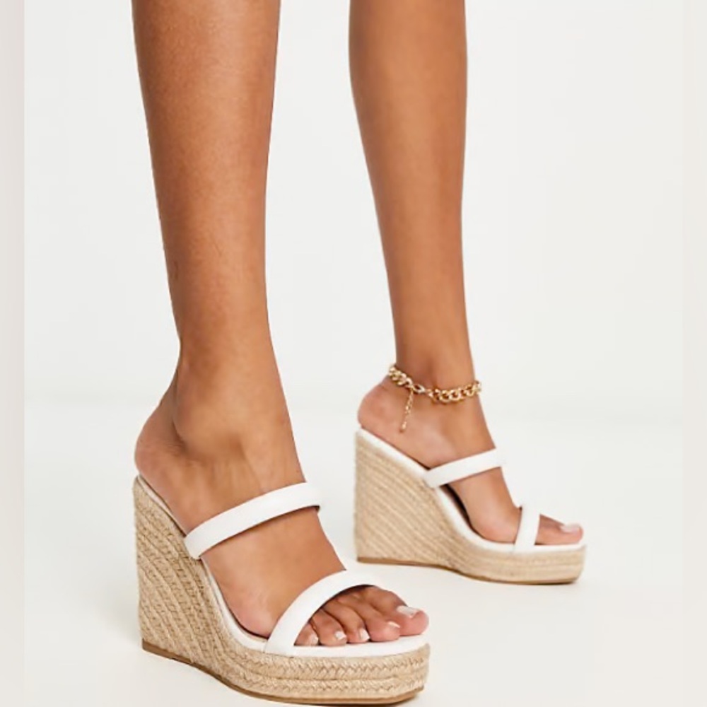 White Strap Raffia Espadrille Wedge Sandals  - Size 8